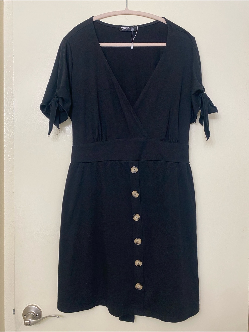 YOINS Black Button-Front Midi Wrap Dress with Tie Sleeves